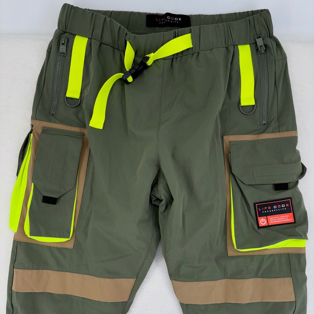 Life Code Progressive Techwear Cargo Pants Olive Neon Green Mens Large Tactical